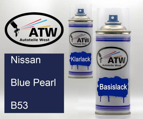 Nissan, Blue Pearl, B53: 400ml Sprühdose + 400ml Klarlack - Set, von ATW Autoteile West.